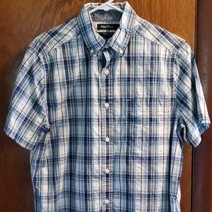 Nautica Plaid Button Down Short Sleeve Shirt Navy Yellow Aqua White